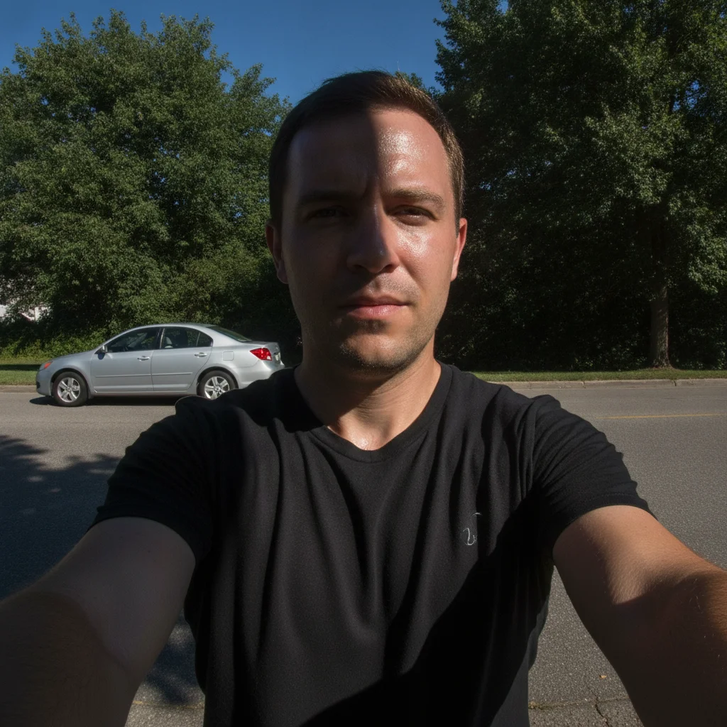 Outdoor photo with harsh side shadow and trees in background