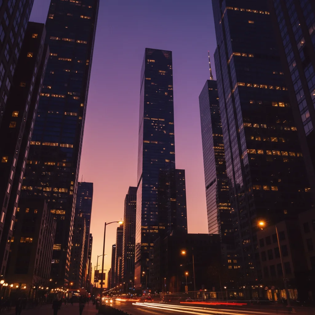 City skyline with purple and gold duotone effect