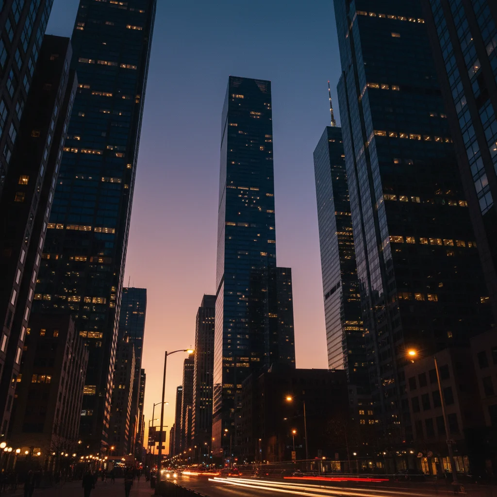 City skyline in original colors at dusk