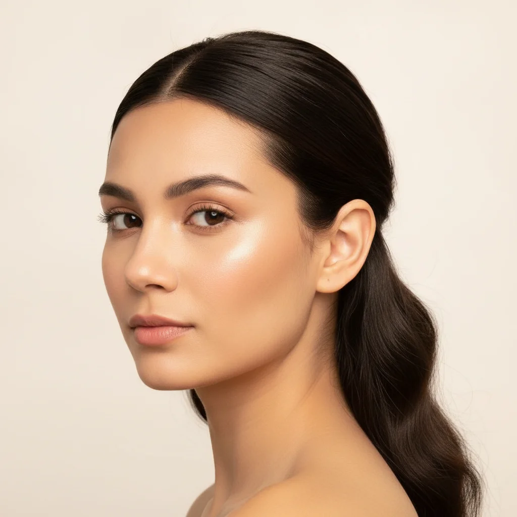 Model with hair pulled back, bare earlobes, warm studio lighting