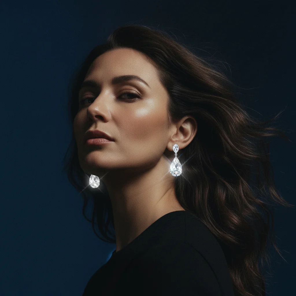 Same model with crystal drop earrings catching left-side light with prismatic sparkle