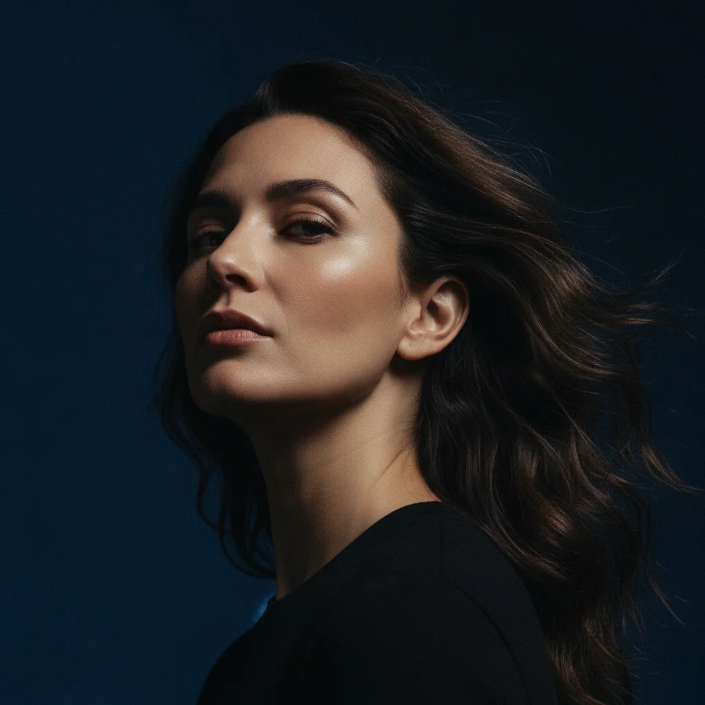 Editorial portrait with strong left-side lighting, left ear visible, no earrings