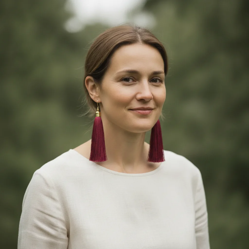 Same model with long colorful tassel earrings hanging below jawline, outdoor light preserved