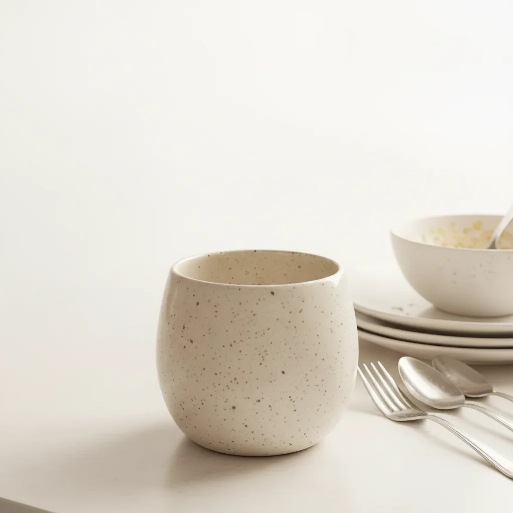 Same ceramic mug on clean pure white studio backdrop with soft natural drop shadow