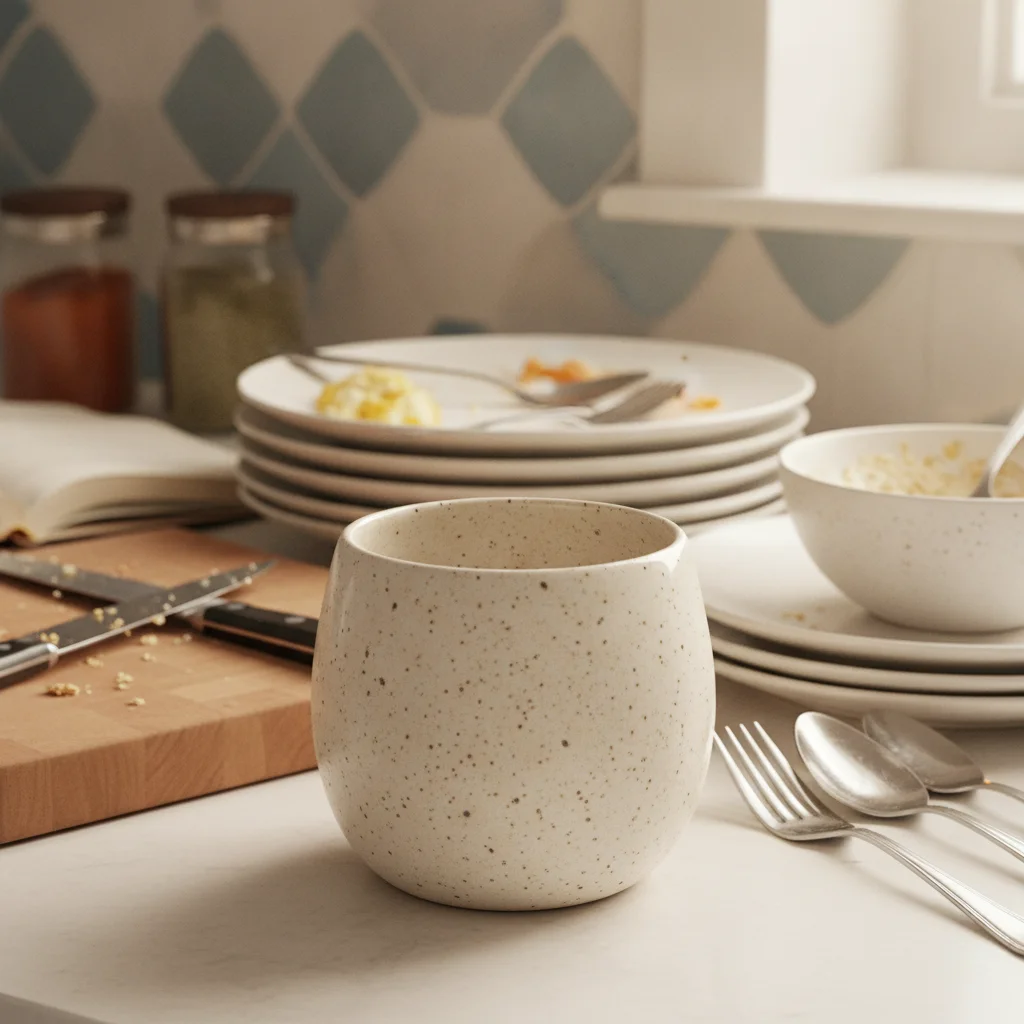 Speckled ceramic mug on cluttered kitchen counter with tiles visible behind it