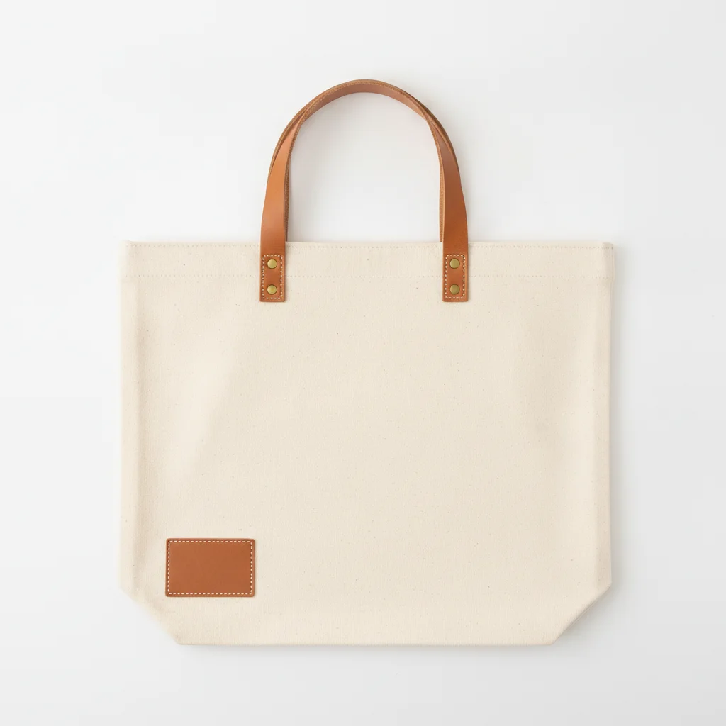 Natural canvas tote bag flat lay on white background with leather handles visible