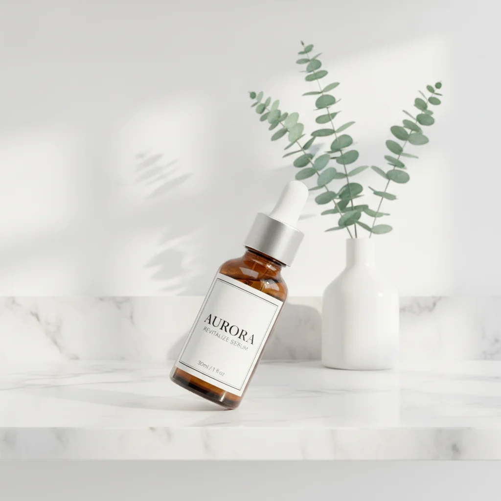 Same serum bottle styled in minimalist bathroom shelf scene with eucalyptus and marble