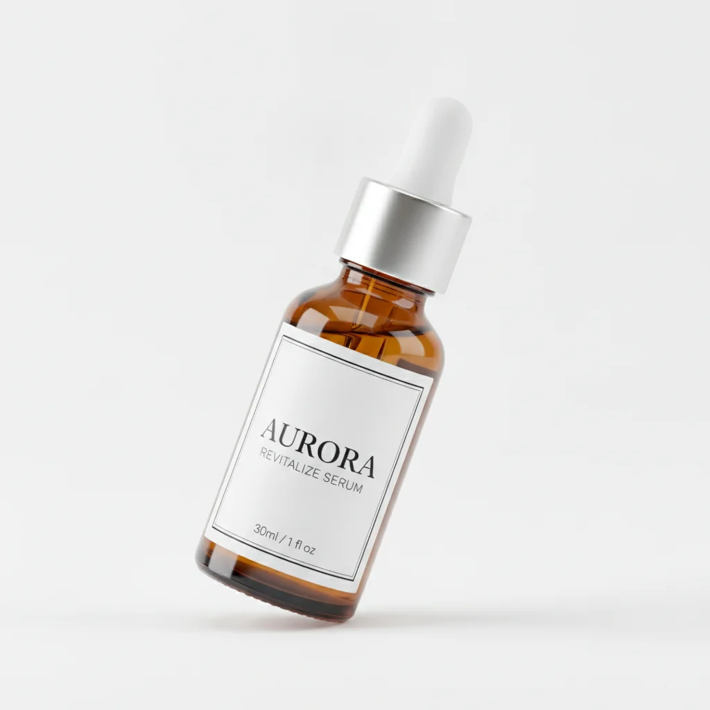 Amber glass serum bottle with dropper cap on pure white studio background