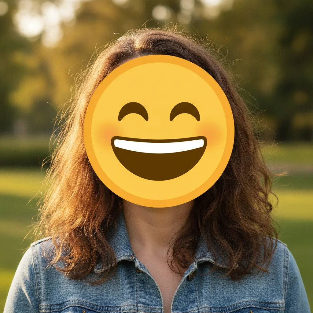 Portrait with large yellow laughing emoji covering the person's face