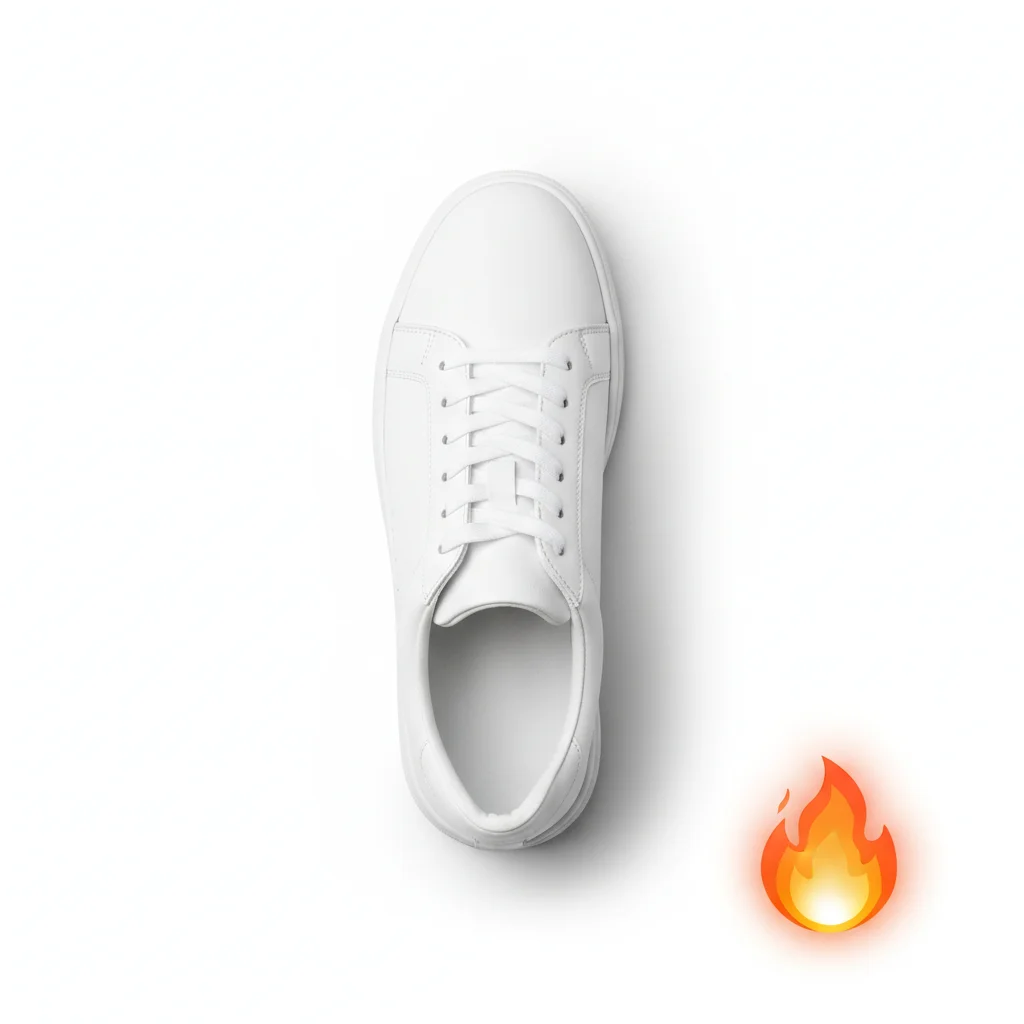 Product photo of white sneaker with fire emoji in lower right corner