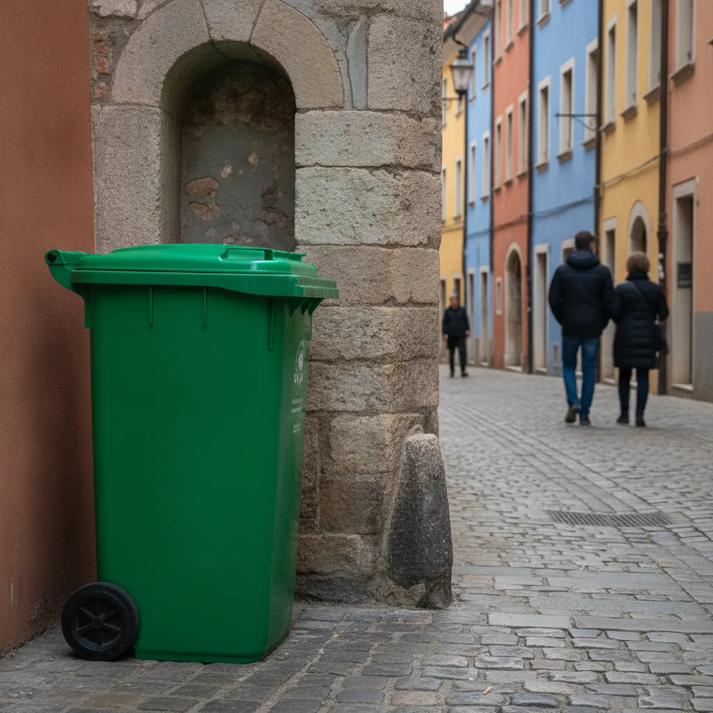 Street photo with a large green trash can in the foreground