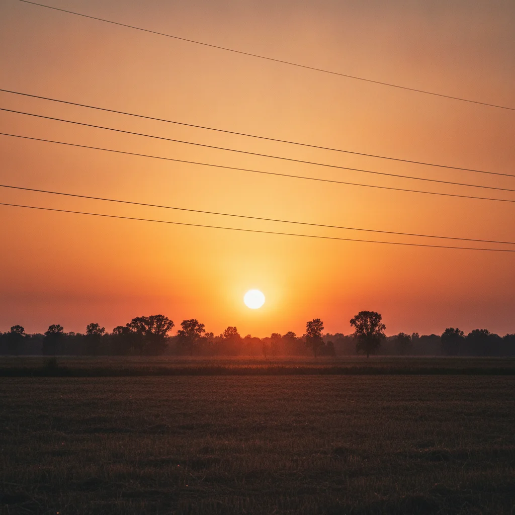Sunset landscape with two power lines crossing the sky