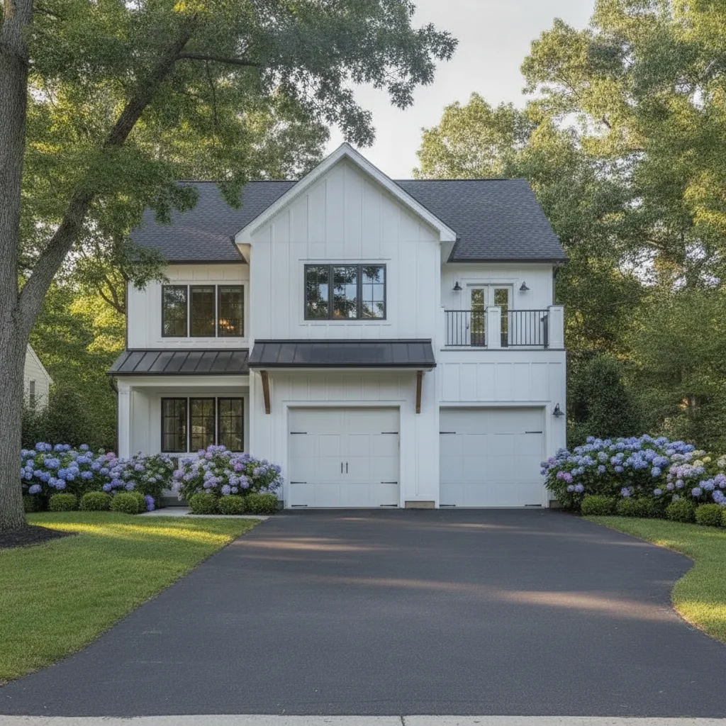 Same house exterior with the car removed and clean driveway visible