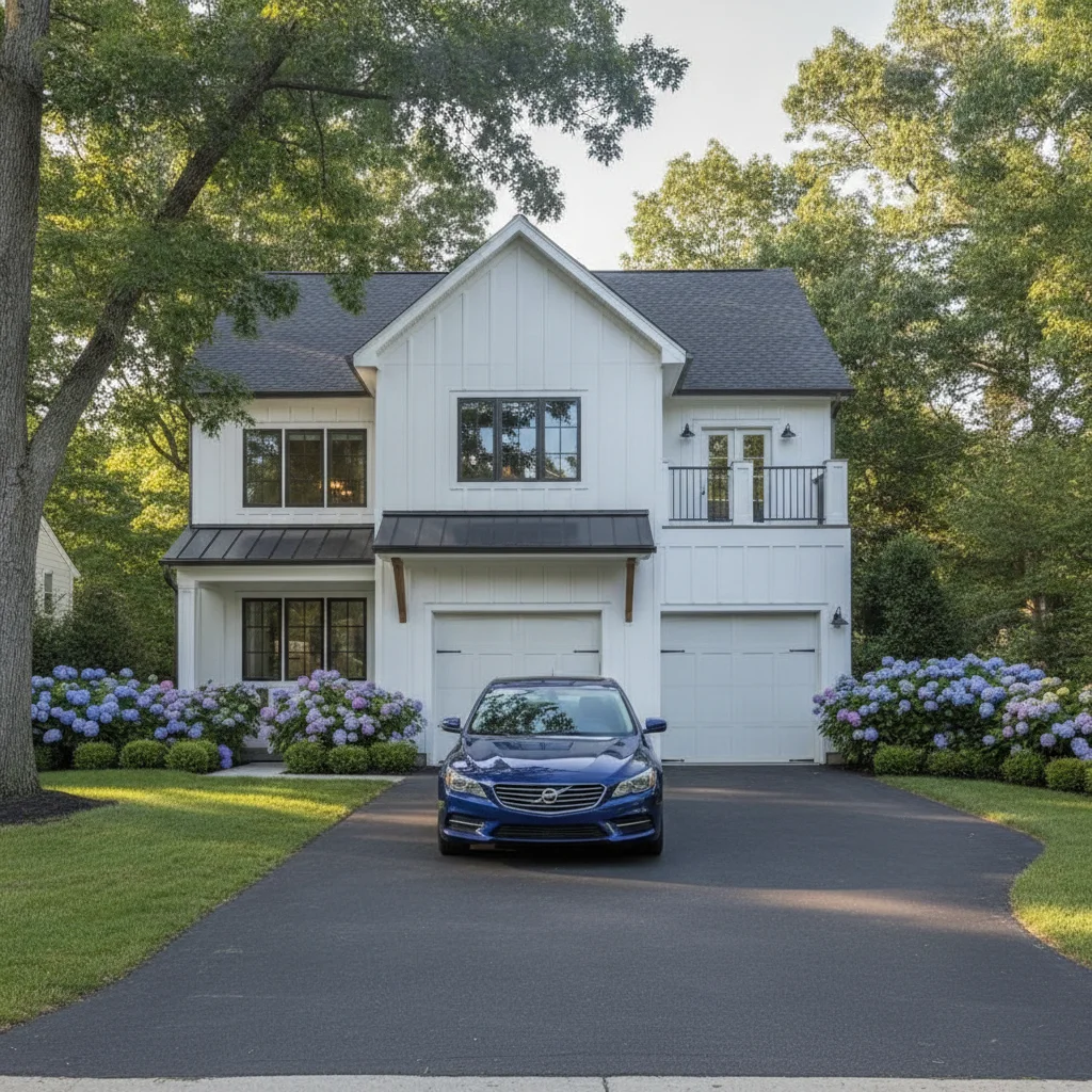 House exterior with a blue sedan parked in the driveway