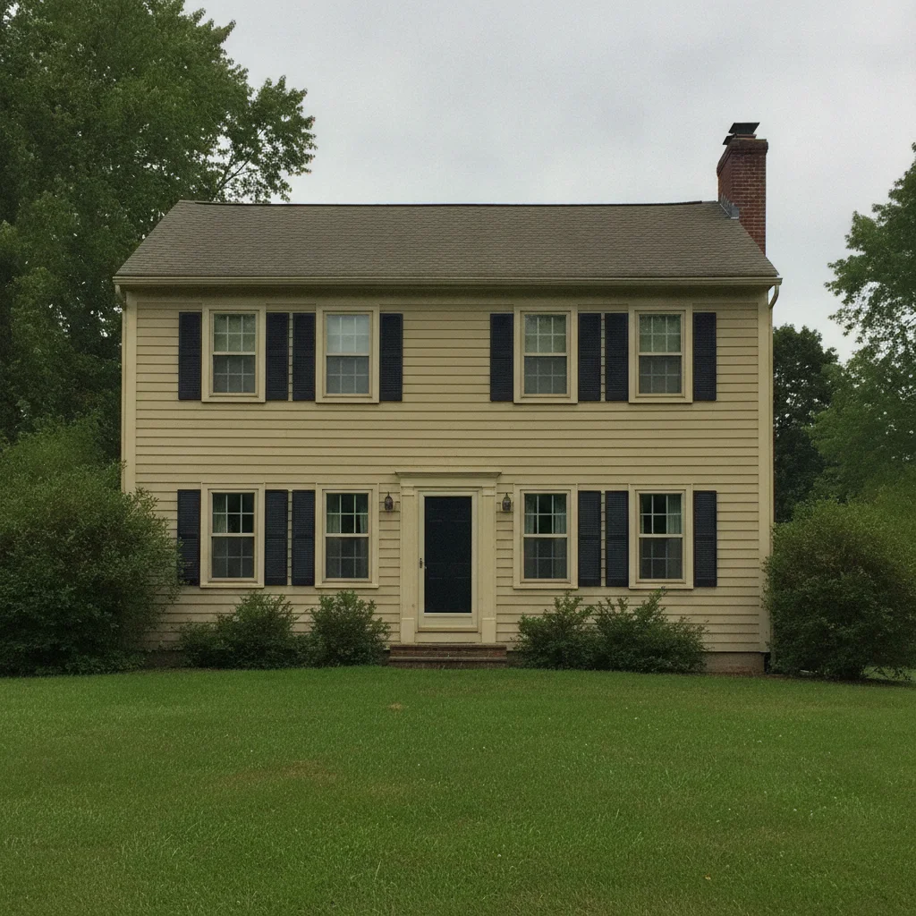 Colonial home with tan siding and barely-visible beige trim, black shutters