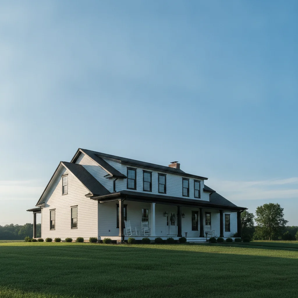 Same house with matte black trim on all casings and fascia, white siding preserved