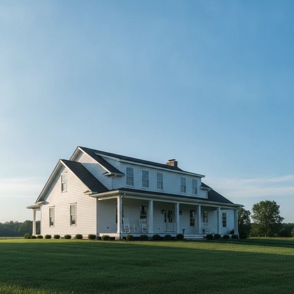 White farmhouse with white-on-white trim, front porch, morning sun