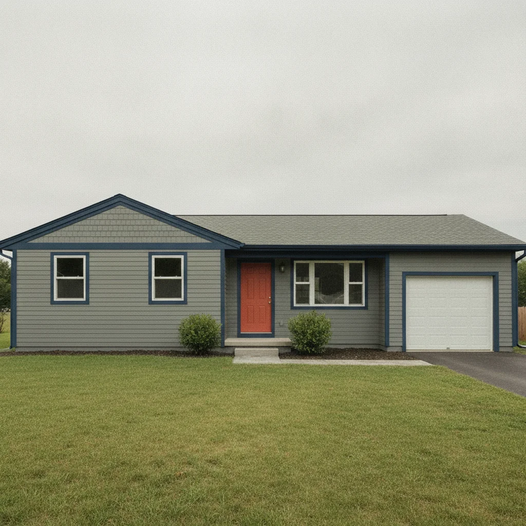 Same house with deep navy trim coordinating with terracotta door, gray siding unchanged