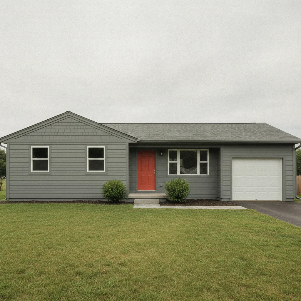 Ranch house with gray siding, gray trim, terracotta front door, attached garage