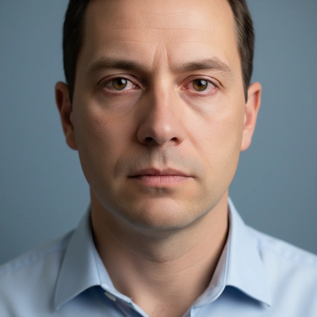 Man with visibly tired, red eyes in headshot