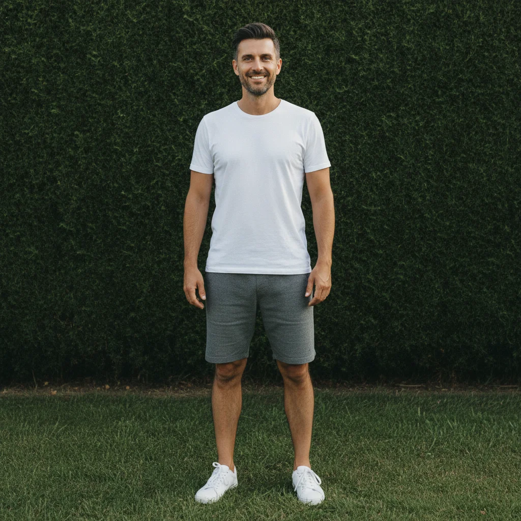 Full-length photo of the father, taken separately against a hedge