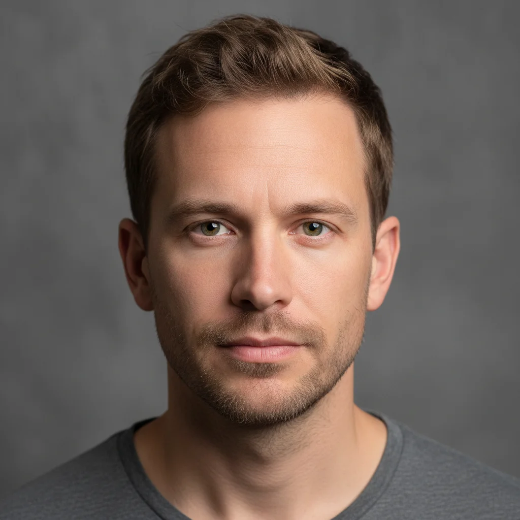 Studio portrait of a man with short light brown hair, hazel eyes and light stubble
