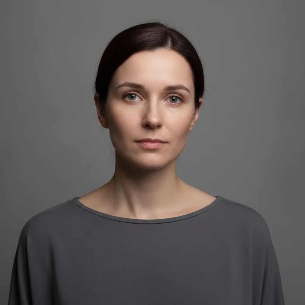 The same woman photographed level — head upright, eyes on the same horizontal line, shoulders even, everything else unchanged