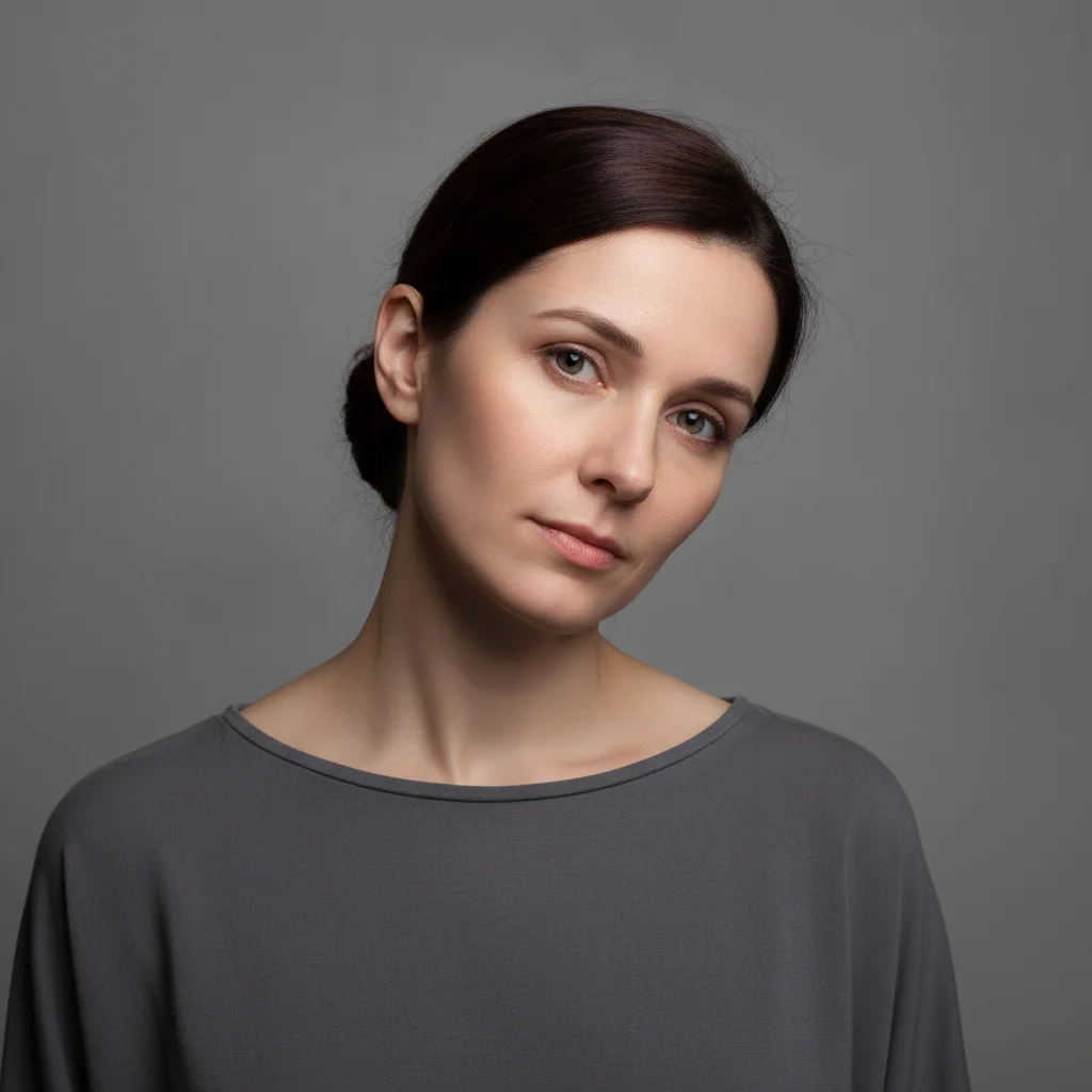 Portrait of a woman whose head is tilted, with her eyes on a slanted line and one shoulder higher than the other