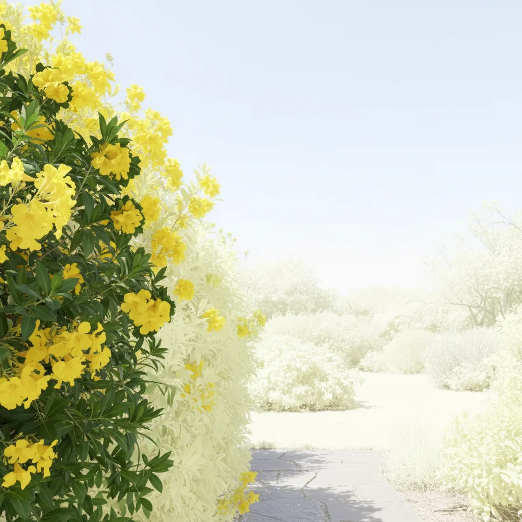 Recovered garden photo with visible yellow flower details and rich deep green foliage