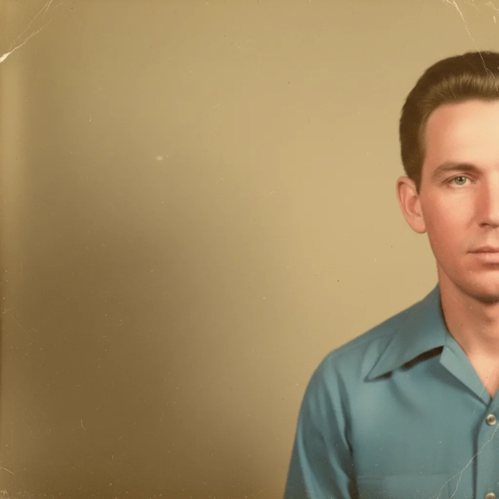 Color-corrected portrait with natural skin tones and restored original blue shirt color