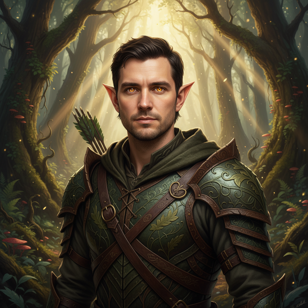 Same person as a detailed forest elf ranger with pointed ears, leather armor, and enchanted forest background