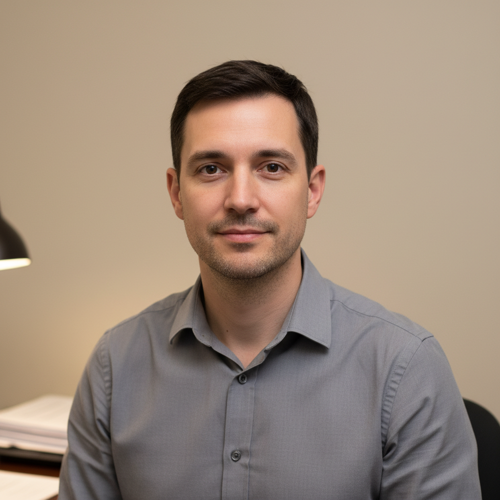 Office portrait in grey shirt with neutral background