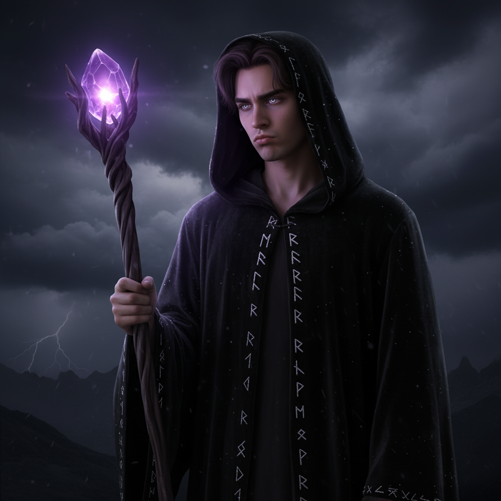 Same person as a dark sorcerer with silver rune robes and stormy night sky background