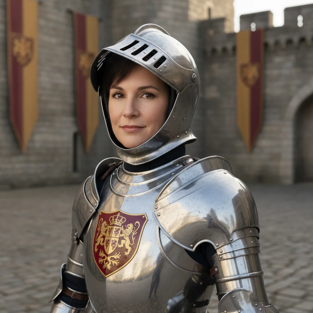 Same person as a royal knight in polished plate armor with castle courtyard background