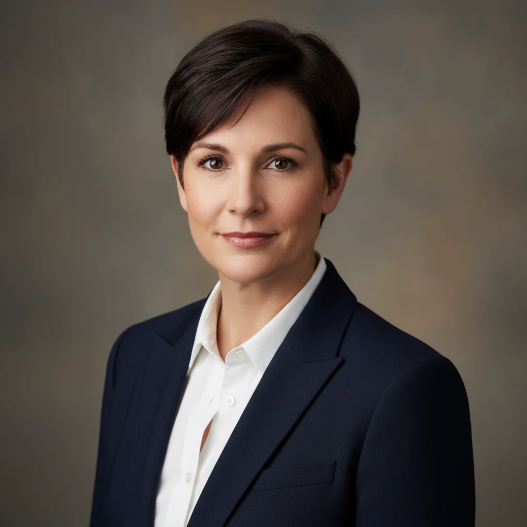 Formal professional portrait with navy jacket