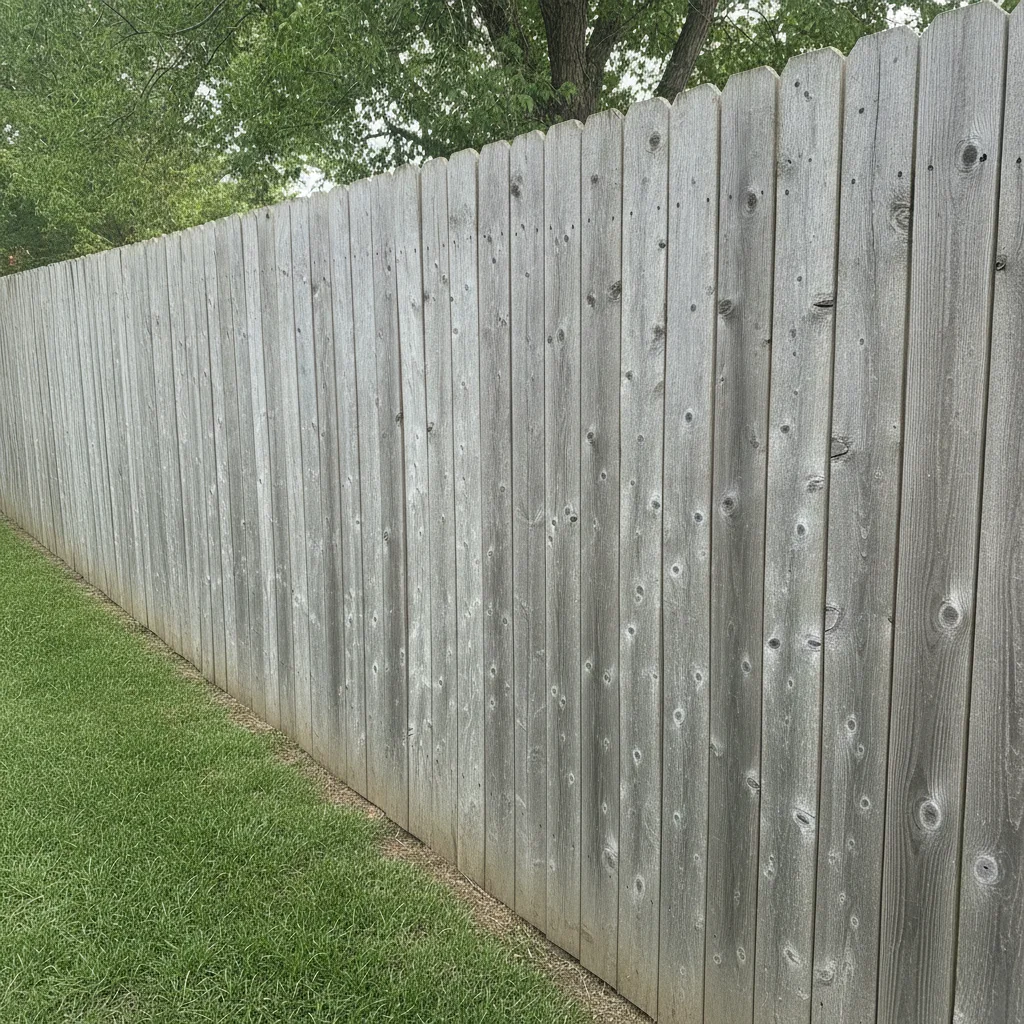 Wood privacy fence with weathered gray UV-bleached boards, green lawn