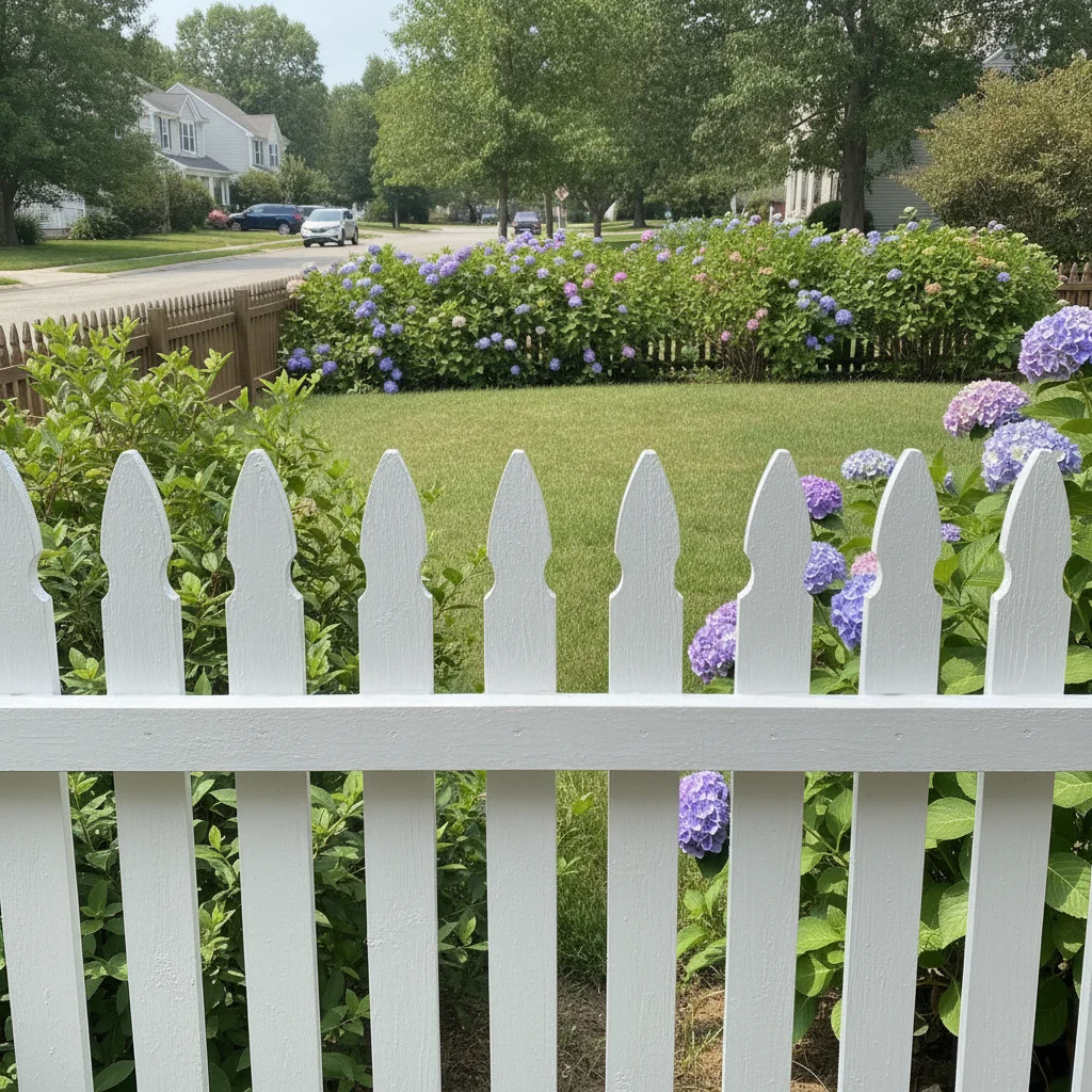 Same picket fence painted crisp white, matte finish, yard unchanged