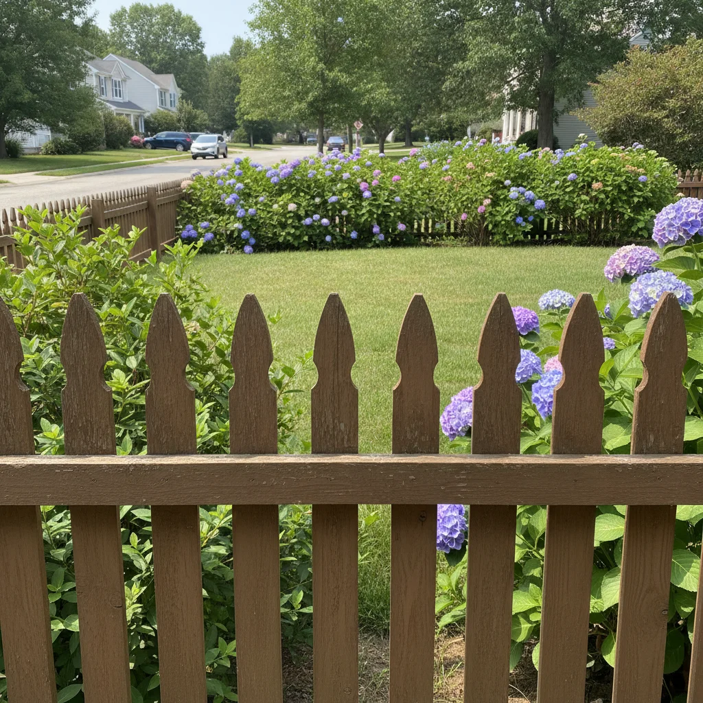 Faded brown wood picket fence with shrubs and lawn behind it