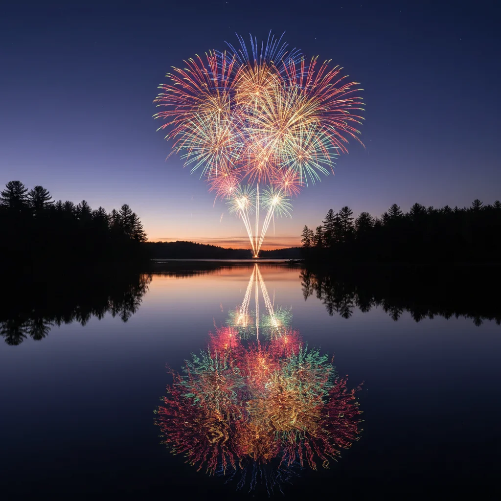 Lake scene with fireworks and light reflections on water
