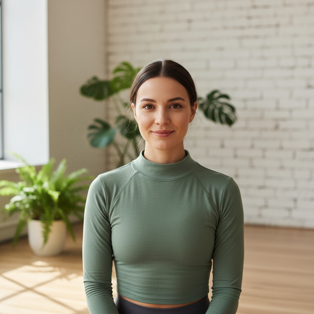 Professional yoga instructor headshot with zen studio background