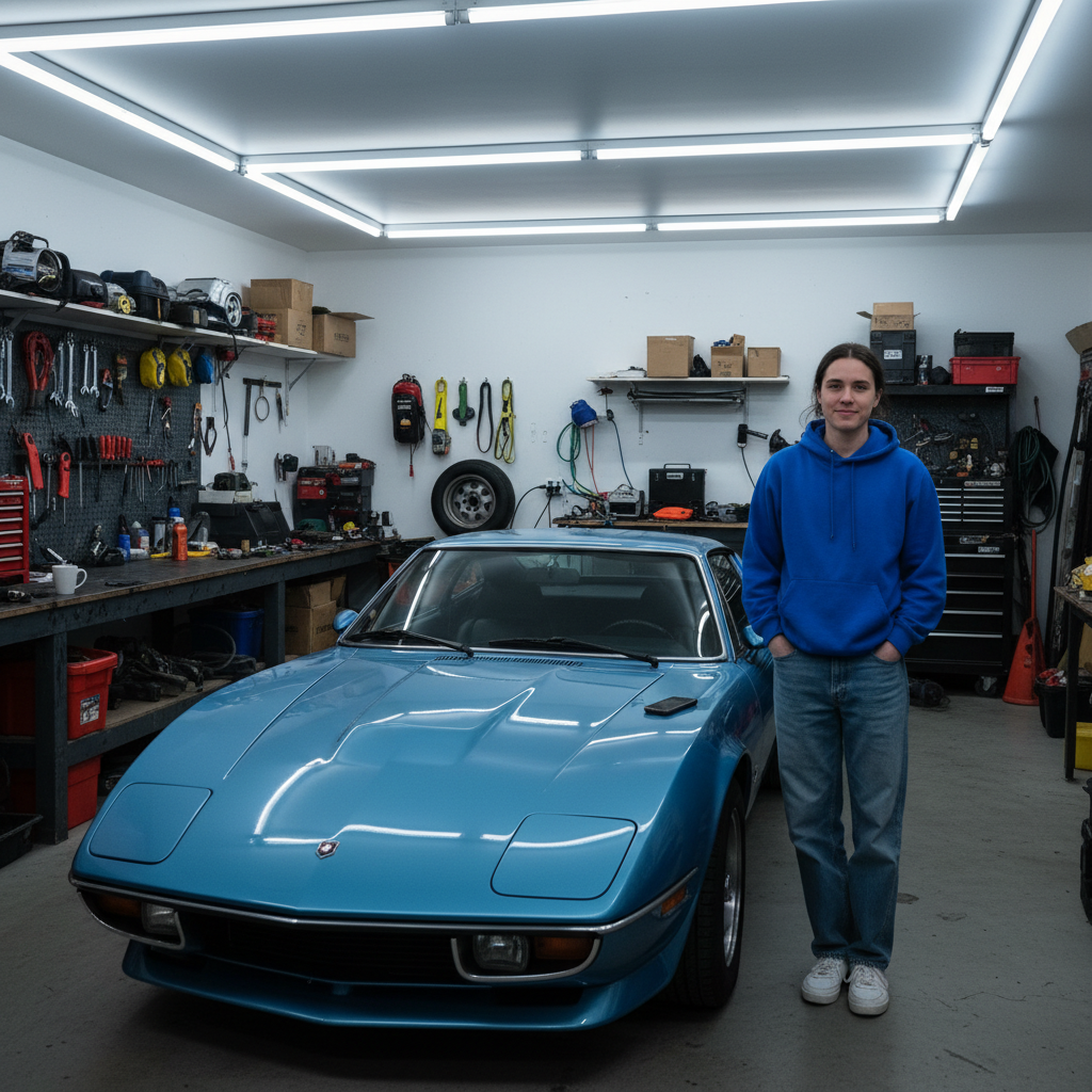 Casual garage photo in blue hoodie