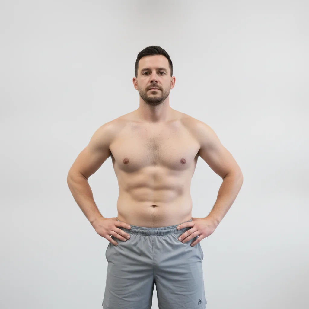 Same man in transformation visualization showing improved muscle definition and leaner physique