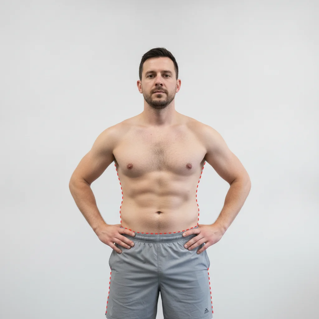 Man in gym shorts in front-facing progress photo pose at 12-week program start
