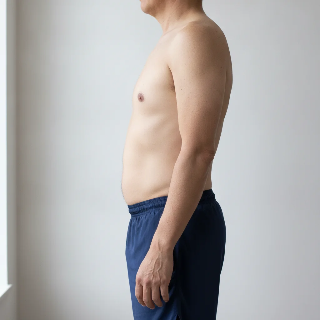 Side-view progress photo showing typical starting physique for a nutrition program