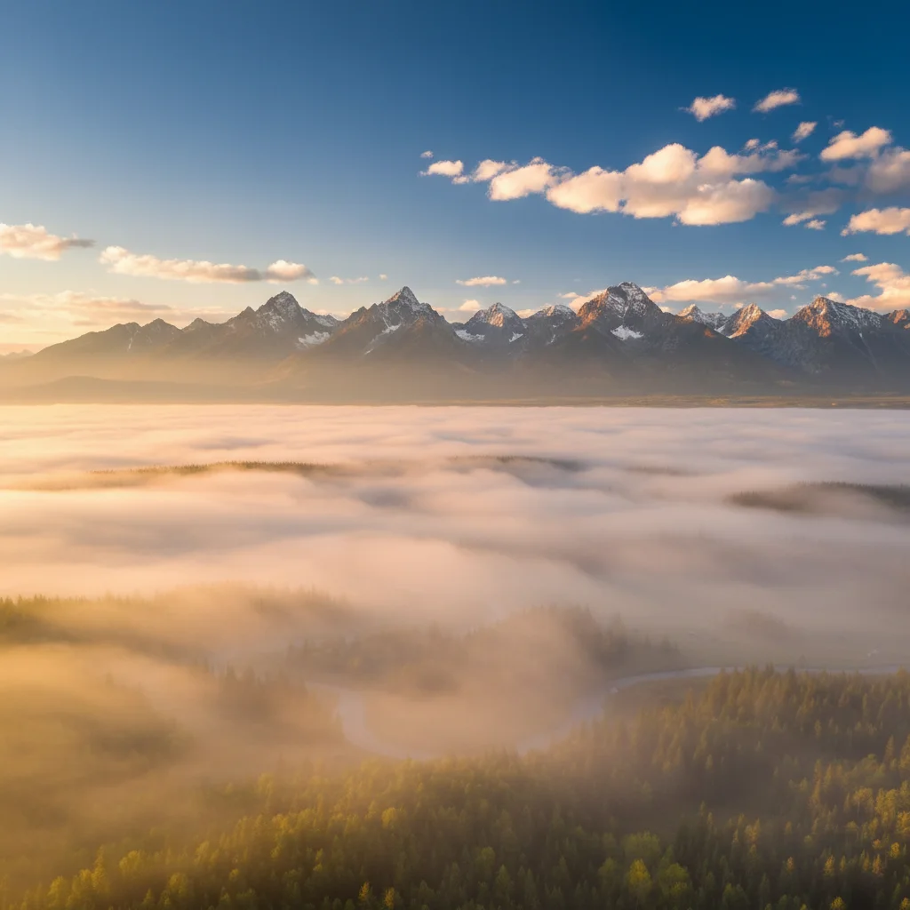 Same view with thick fog bank filling the valley, golden backlit fog, mystical atmosphere