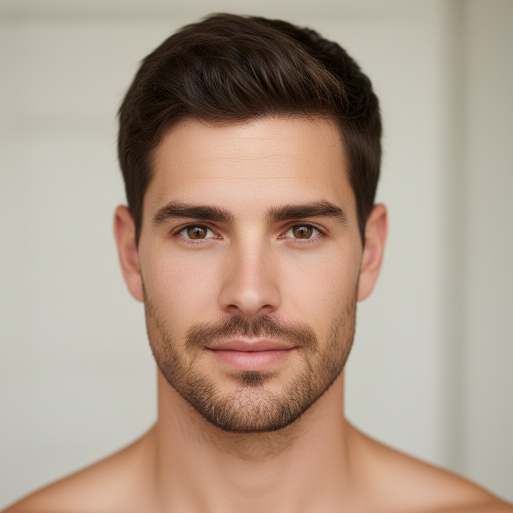 Same person transformed to look male with short hair and stronger jawline