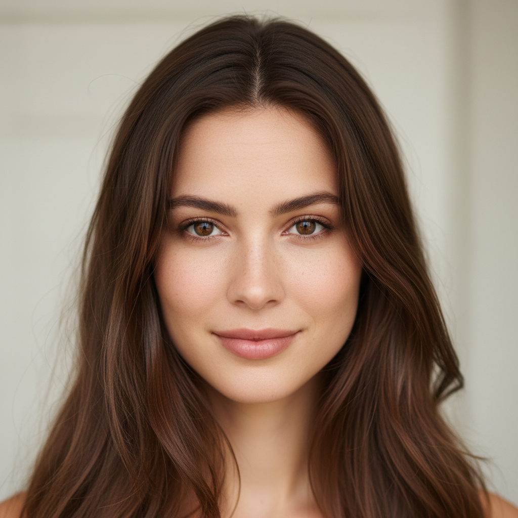 Woman with long auburn hair and delicate features
