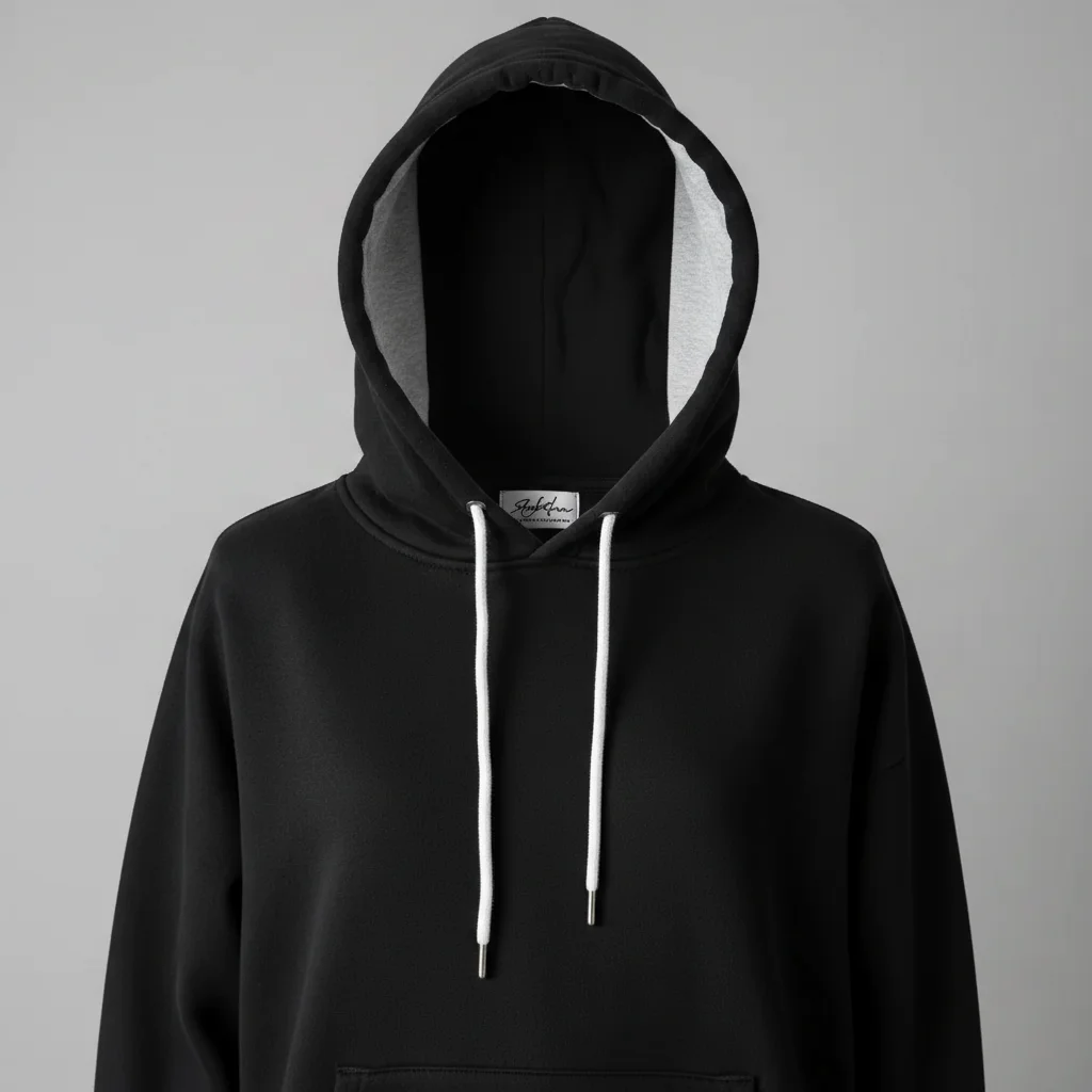 Same hoodie with hollow hood showing interior label and construction