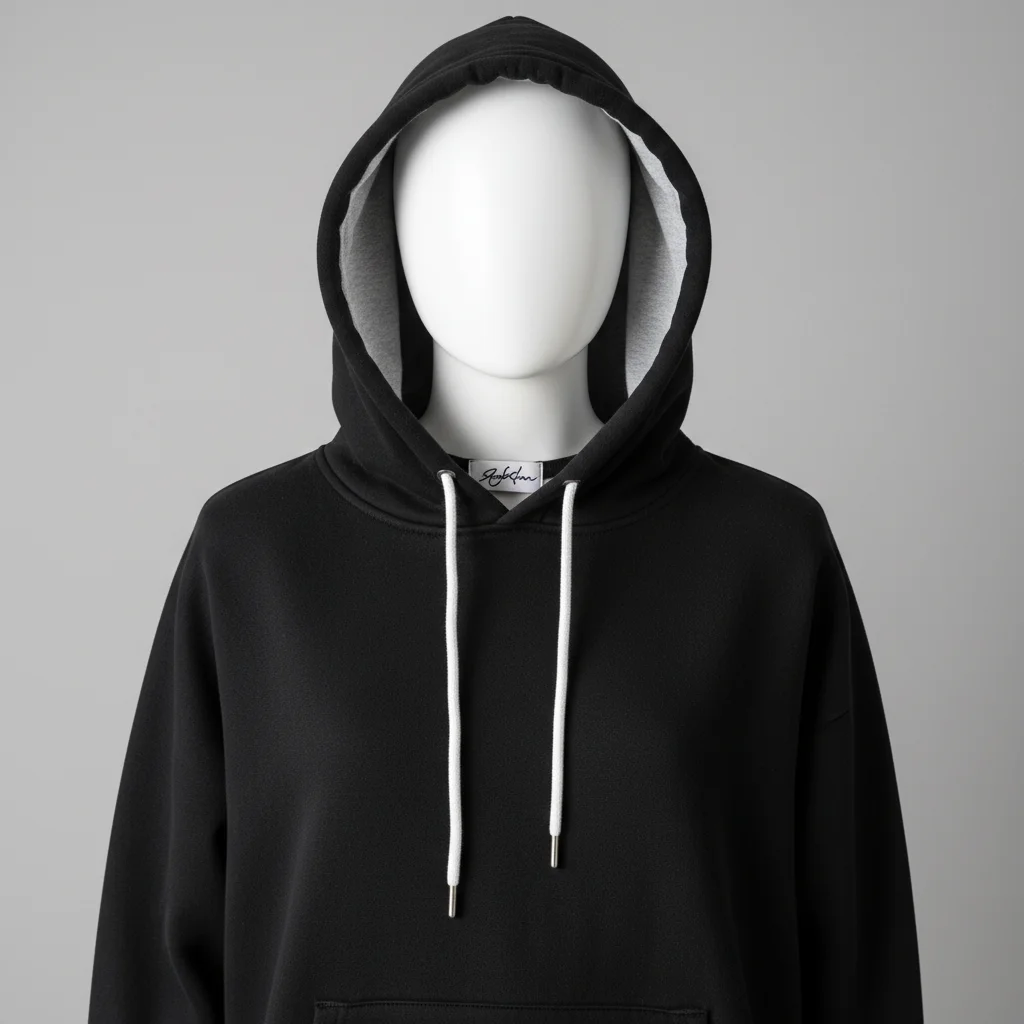 Black hoodie on mannequin with visible interior