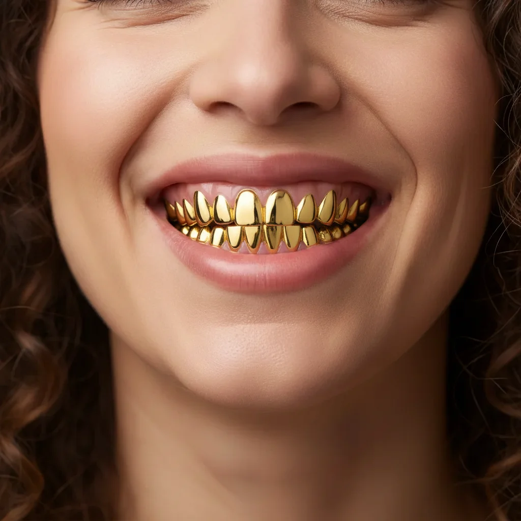 Same smile with complete gold grill on upper teeth